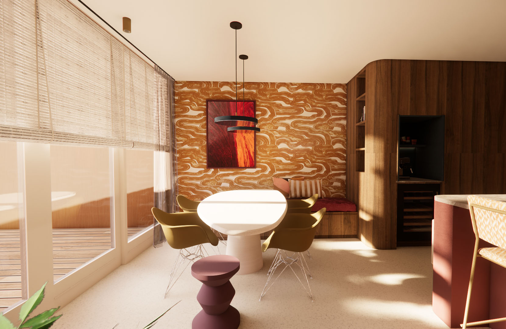 Interieurontwerp van eetruimte met ronde tafel, designstoelen en opvallend behang, gerealiseerd door Studio Kabel. Warm kleurenpalet, houten accenten en moderne verlichting.