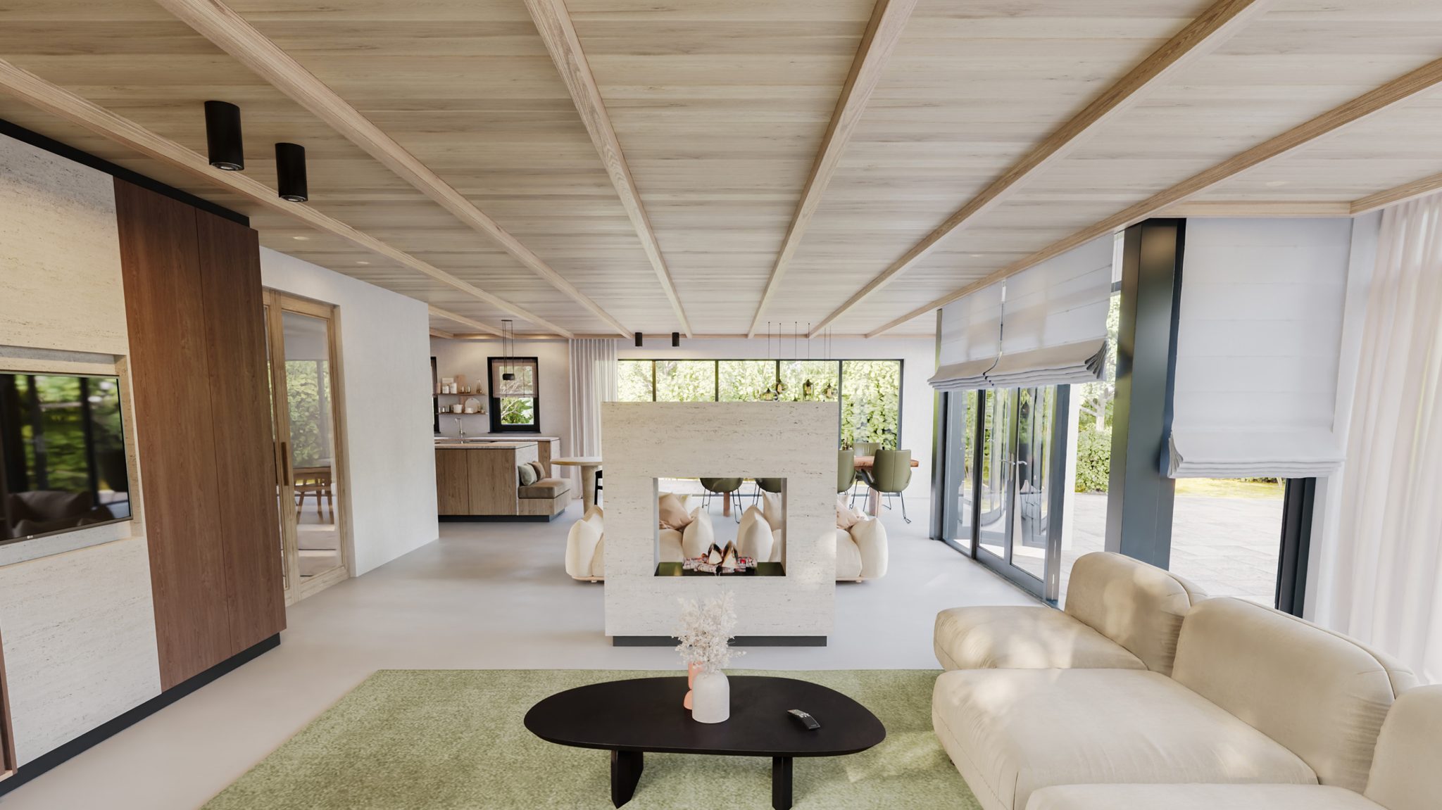 Modern en licht interieurontwerp met natuurlijke materialen, ontworpen door Studio Kabel. Open leefruimte met doorkijkhaard, houten plafond, zachte meubels en veel daglicht.